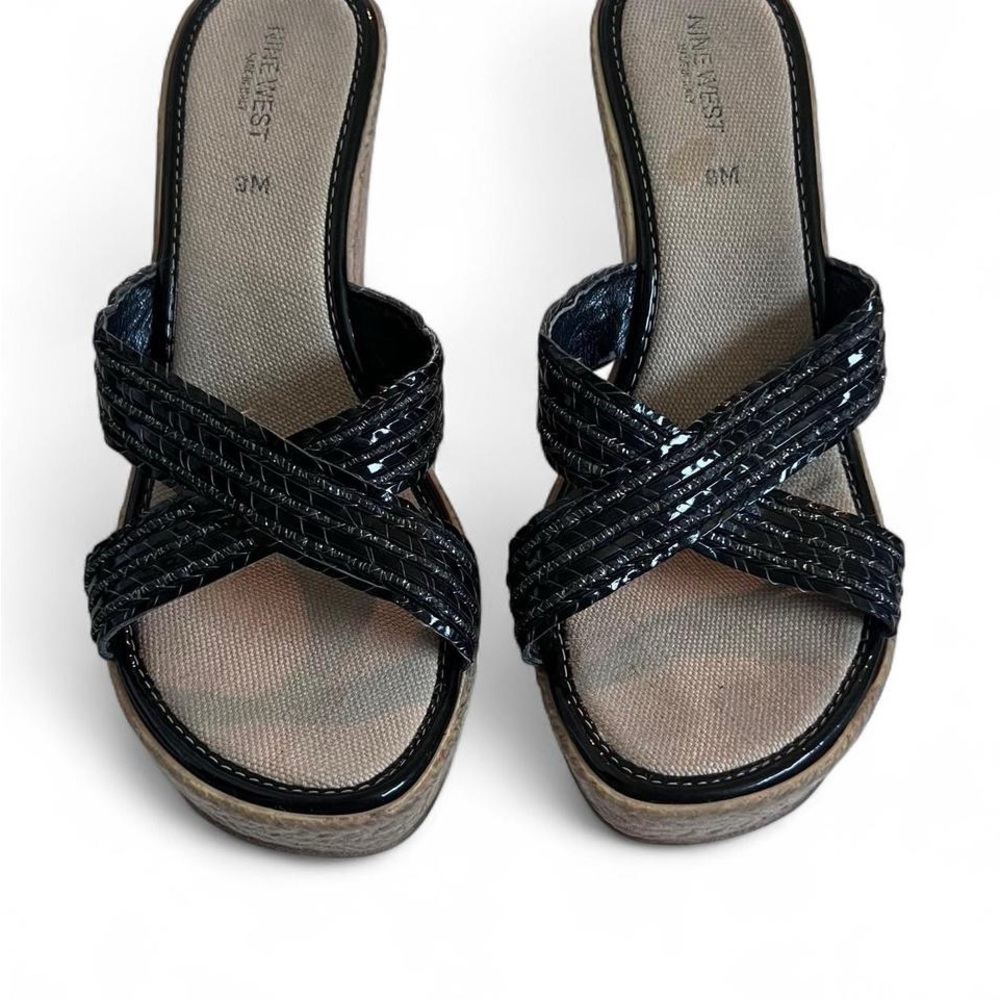 Nine West Women's Black Wedge Sandal Open Toe Made In Italy Size 8